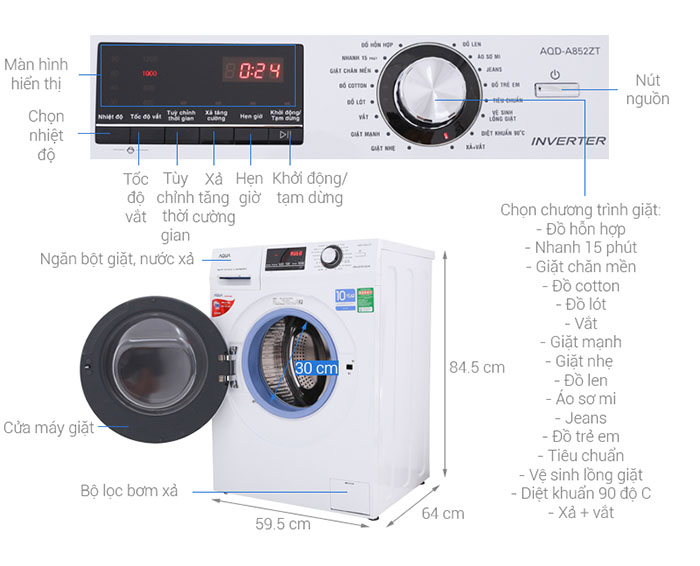 Image Máy giặt Aqua Inverter 8.5 kg AQD-A852ZT (W) 1