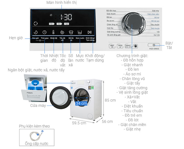 Image Máy giặt Aqua Inverter 8.5 kg AQD-D850E W 2