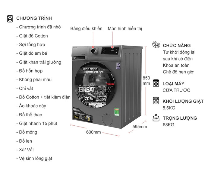 Image Máy giặt lồng ngang Toshiba Inverter 8.5Kg TW-BK95S3V(SK) 2